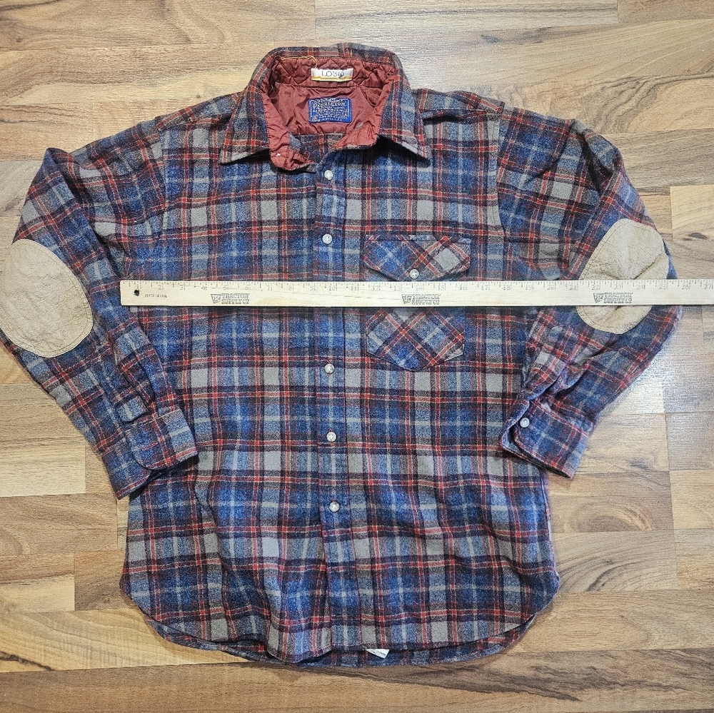 Vintage Pendleton LOBO 100% Wool Plaid Flannel Shirt Blue Brown Padded Elbows L - Picture 5 of 10